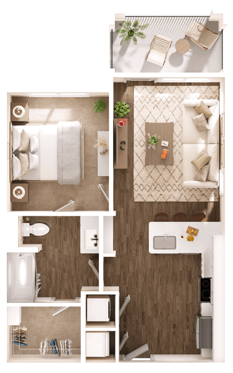 a stylized rendering of a bedroom with a bathroom and a living room